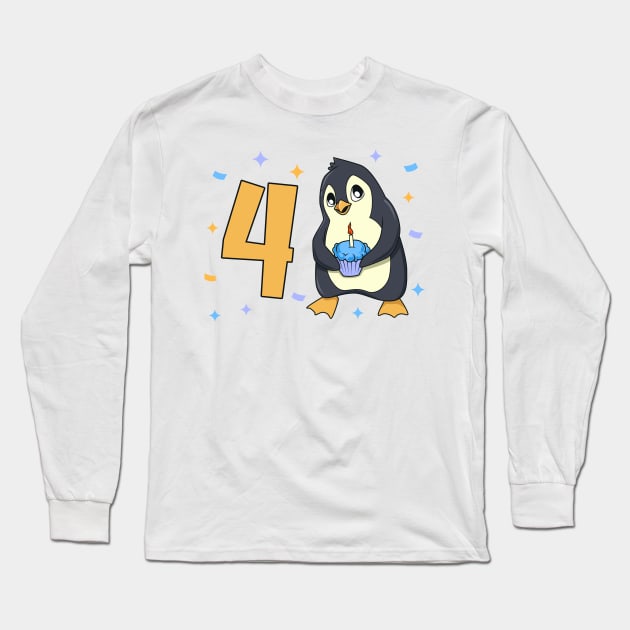 I am 4 with penguin - kids birthday 4 years old Long Sleeve T-Shirt by Modern Medieval Design